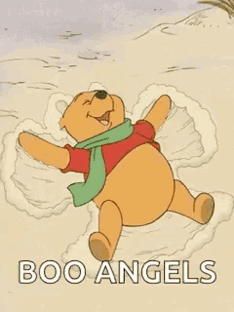 a cartoon of winnie the pooh making a snow angel .