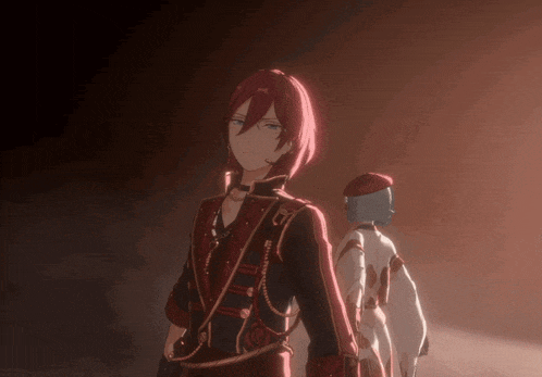 a man with red hair is standing next to another man in a white outfit