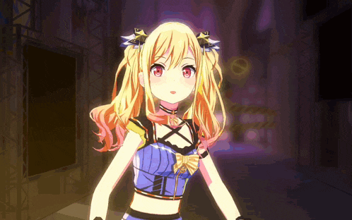 a girl with blonde hair is wearing a blue top