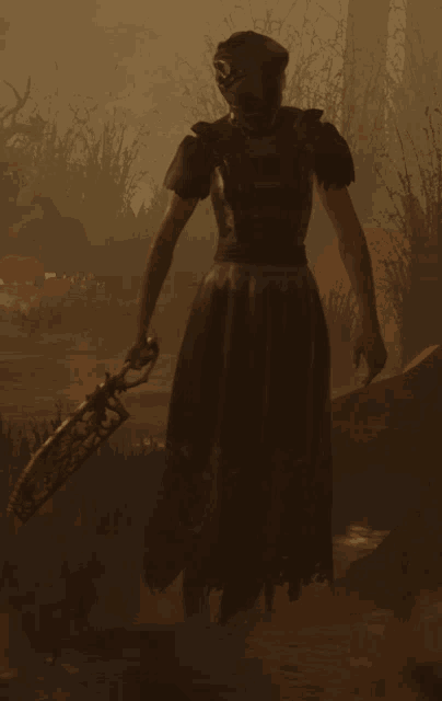 a woman in a black dress is holding a sword in a dark forest