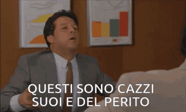 a man in a suit and tie is saying " questi sono cazzi suoi e del perito " while sitting at a table