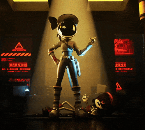 a cartoon character in front of a warning sign