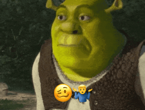 shrek with a yellow smiley face and a blue man behind him