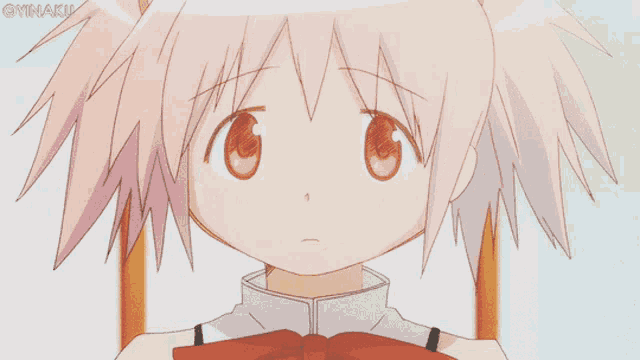 a close up of a pink haired anime girl with a red bow on her neck