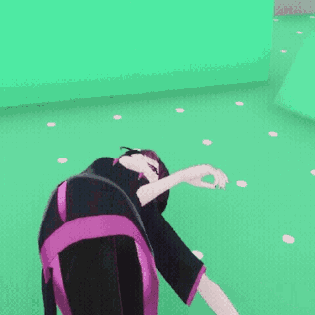 a girl with purple hair and black pants is bending over on a green background