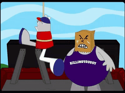 a cartoon character with a paper bag on his head is wearing a killingyouguy shirt