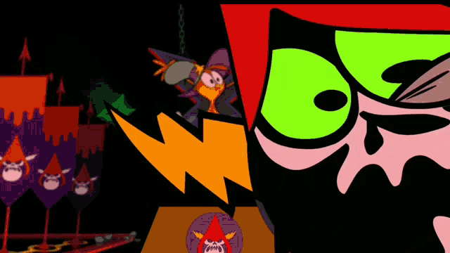 a cartoon character with a green eye and a skull on his head