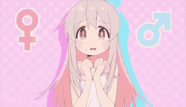a girl with long white hair is standing in front of a pink background with a female and male symbol .