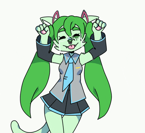 a cartoon drawing of a cat girl with green hair and ears