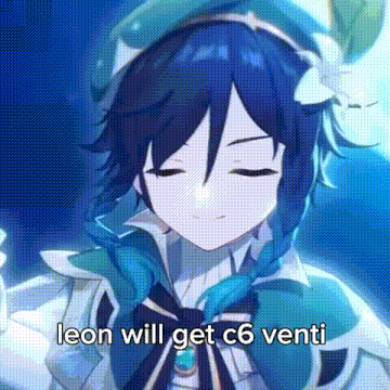 a close up of a anime character with the words `` leon will get c6 venti '' .