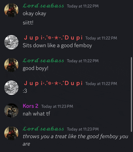 a screenshot of a discord conversation between lord seabass and kors 2