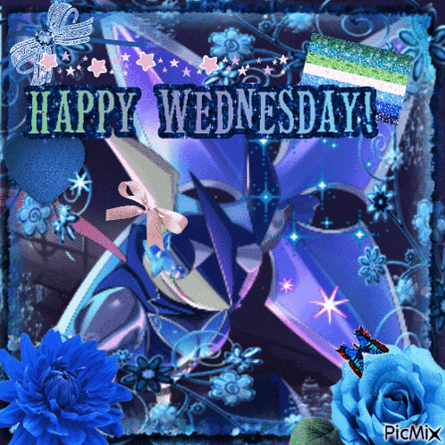 a happy wednesday greeting card with blue flowers and hearts