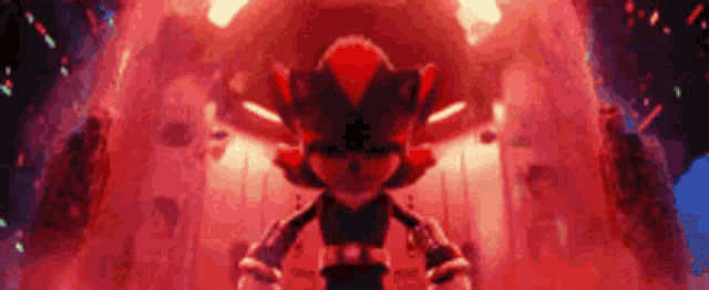 shadow the hedgehog from sonic the hedgehog is standing in front of a red background .