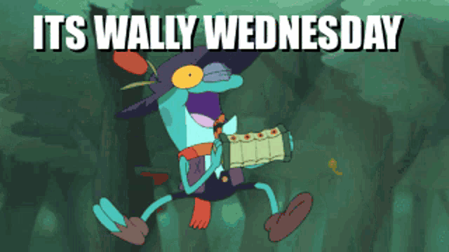 a cartoon of a frog playing an accordion and the words its wally wednesday