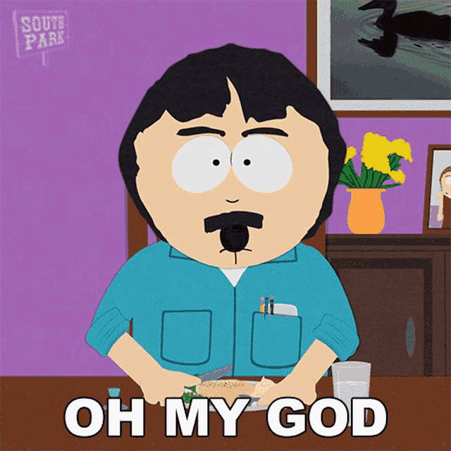 a cartoon character from south park says " oh my god " while cutting something