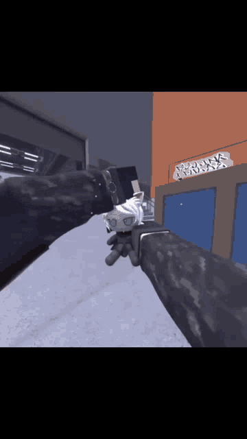 a person is holding a gun in front of a building that has a sign that says ' ambush '