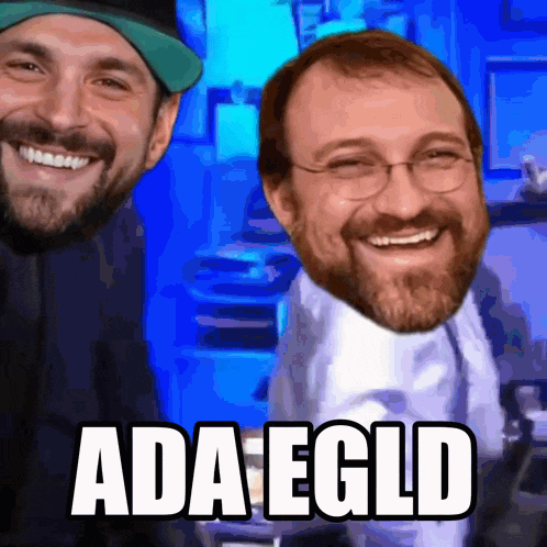 a man with glasses and a beard is smiling next to another man with a beard and the words ada egld