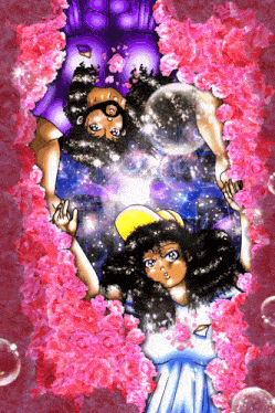 a cartoon drawing of a man and a woman surrounded by pink flowers