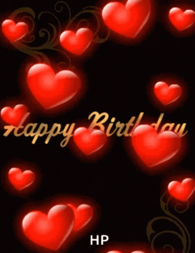 a happy birthday greeting card with red hearts