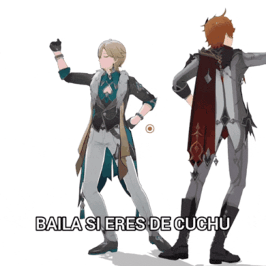 two anime characters are dancing with the words baila and baila si eres de cuchu