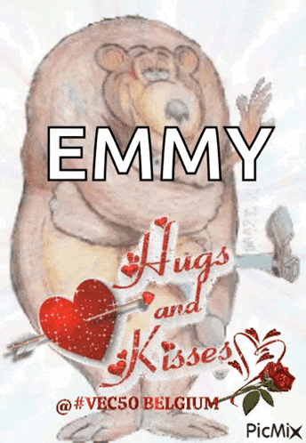 a picture of a teddy bear holding a heart and the words emmy hugs and kisses