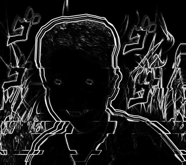 a black and white drawing of a person 's face with a smile on their face
