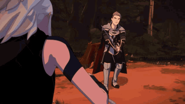 a man holding a sword stands next to a woman in a black dress