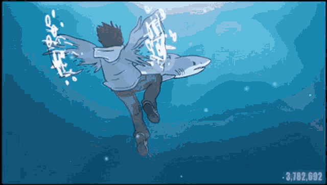 a cartoon of a man being attacked by a shark with the number 3,782,692 below him