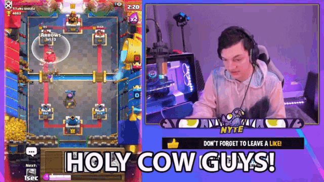 a man is playing a video game with the words holy cow guys