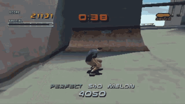 a video game screen shows a person riding a skateboard and says perfect 500 melon