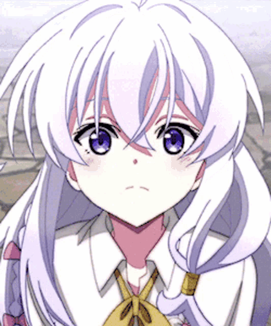 a girl with white hair and purple eyes is wearing a white shirt and a yellow bow tie