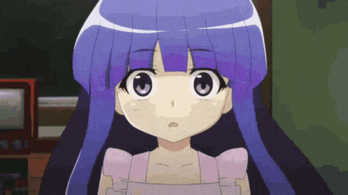 a close up of a girl with purple hair