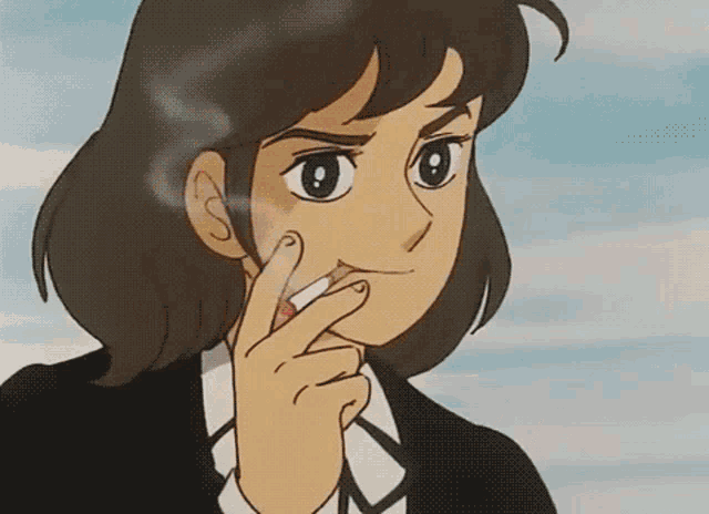 a cartoon girl is smoking a cigarette and has a serious look on her face