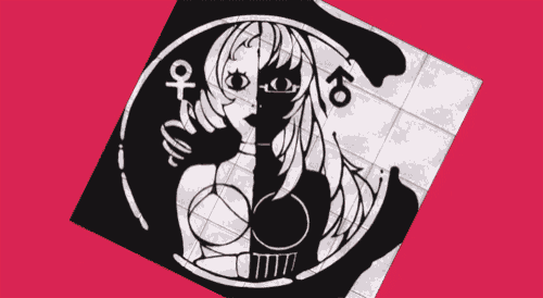a black and white drawing of a woman with the letters o and o on it