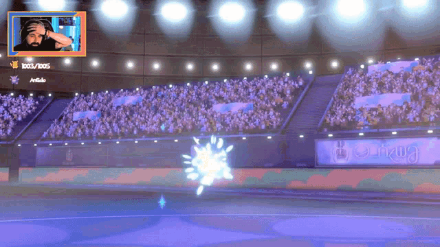 a video game screen shows a man playing a game with a score of 1003/105