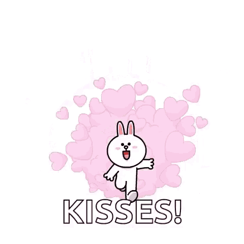 a cartoon rabbit is surrounded by hearts and kisses and is giving a kiss .