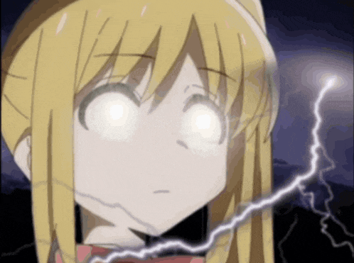 a close up of a girl 's face with lightning behind her