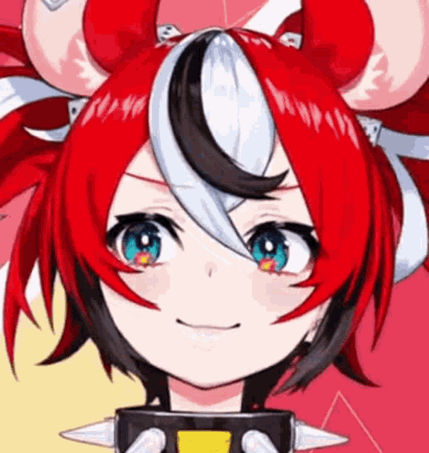 a close up of a red haired anime girl with horns and a smile on her face .