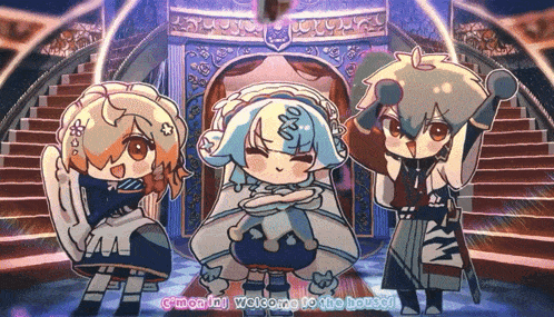 three anime characters are standing in front of a staircase and the words welcome to the house are on the bottom