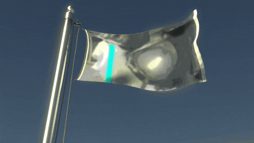 a silver flag with a blue stripe on it is flying in the wind