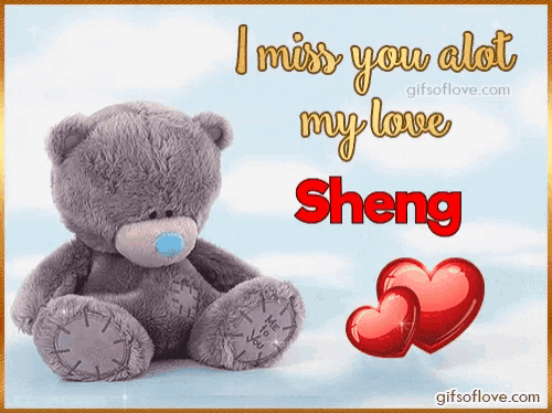 a teddy bear with the words " i miss you alot my love sheng "