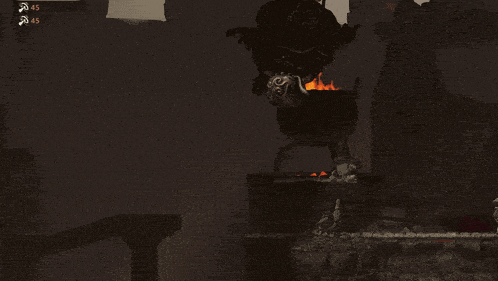a dark room with two pots of fire and a statue