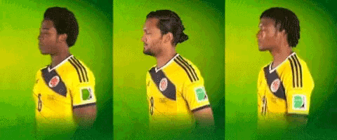 three images of a soccer player wearing a yellow jersey
