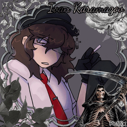 a drawing of ivan karamagov with a grim reaper in the background