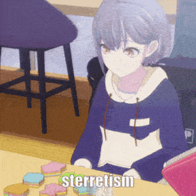 a picture of a girl sitting at a table with the word sterretism written on it