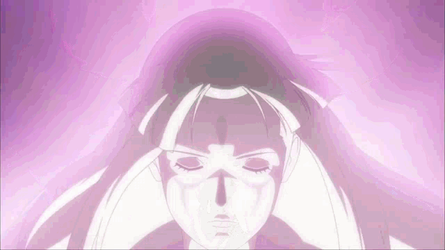 a close up of a woman 's face with a purple background and a shadow on her head .