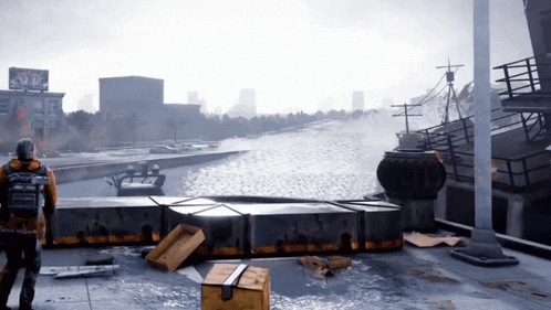 a man with a backpack stands on a rooftop overlooking a river