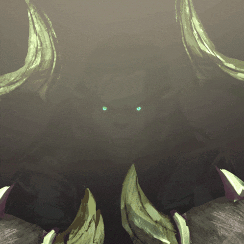 a painting of a monster with horns and green eyes