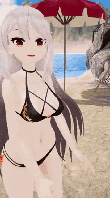 a girl in a bikini is standing on a beach