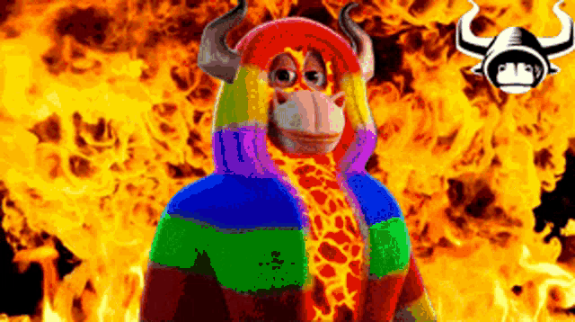 a colorful monkey with horns and a rainbow coat is standing in front of a fire .